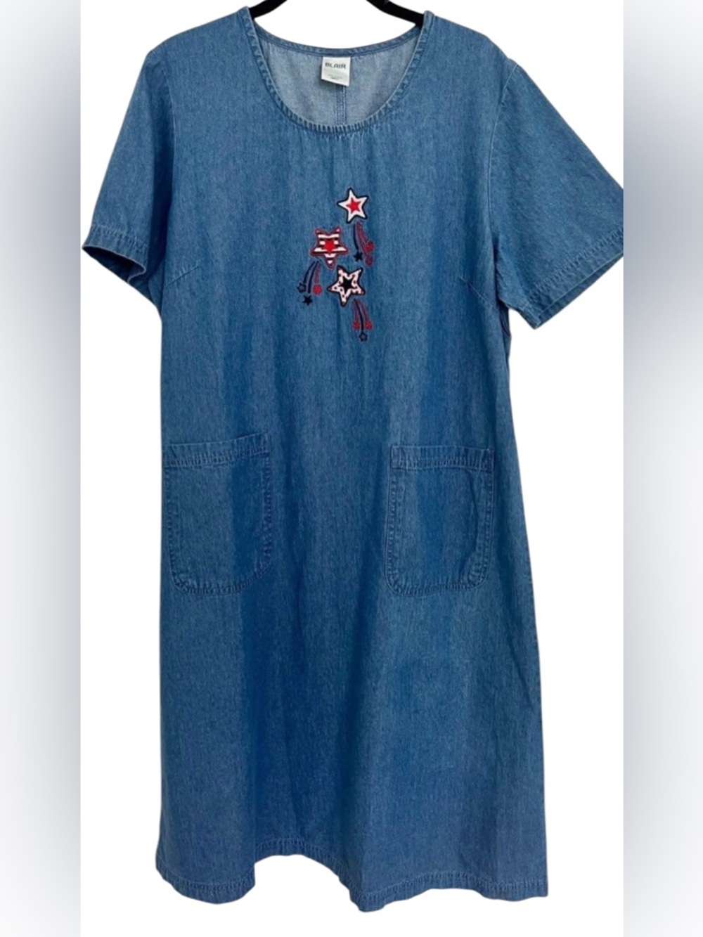 Vintage denim Jean dress patriotic by Blair with embroidered stars size medium